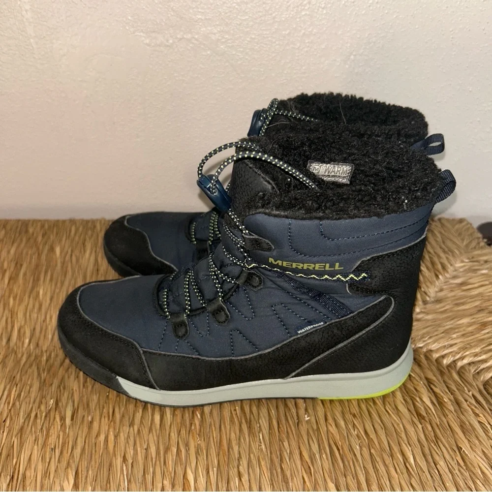 Merrell women’s ' Navy and Black Waterproof Winter Boots with Lime Accent